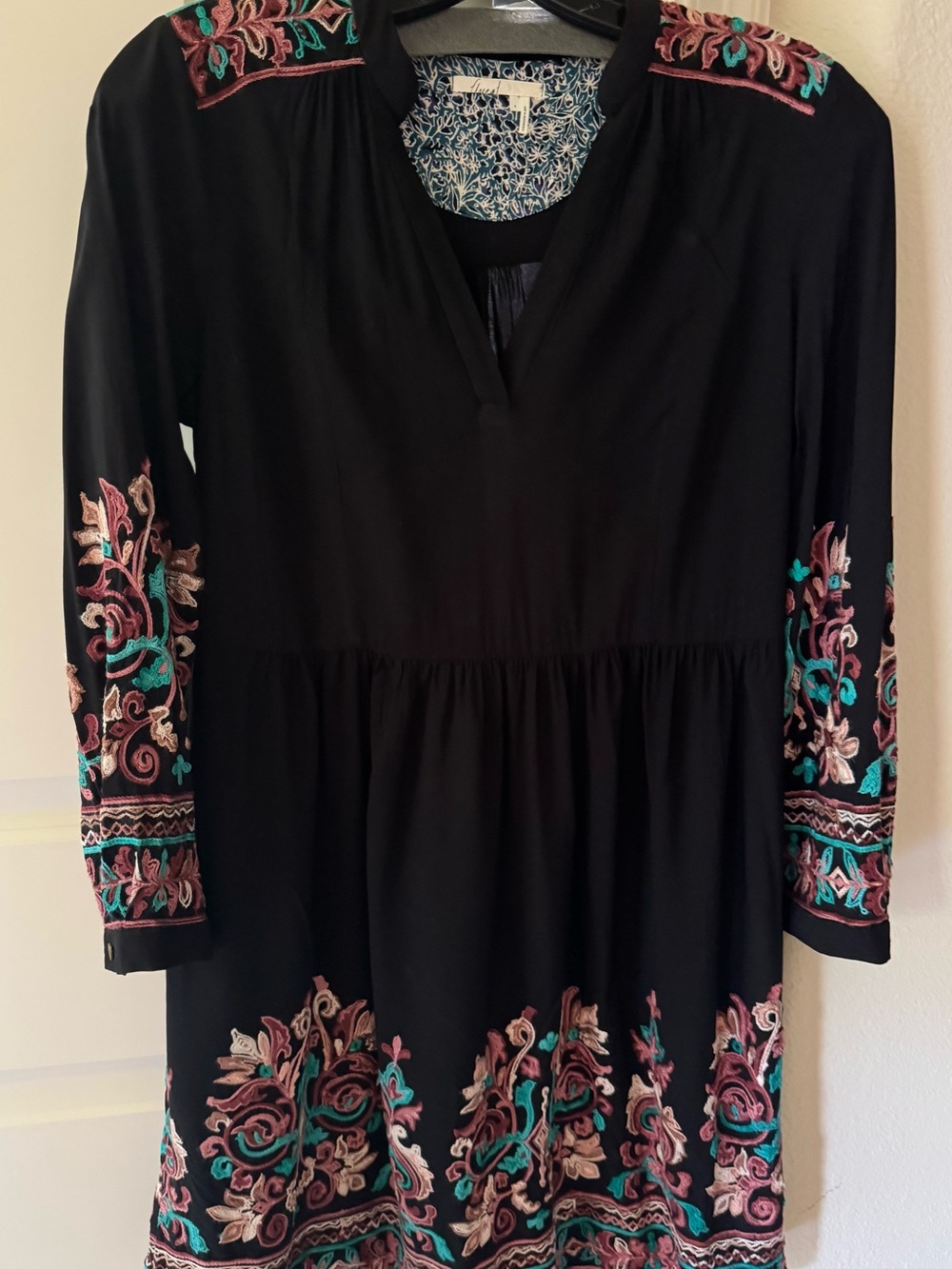 Floreat Black Tunic Dress with Pink & Teal Embroidery